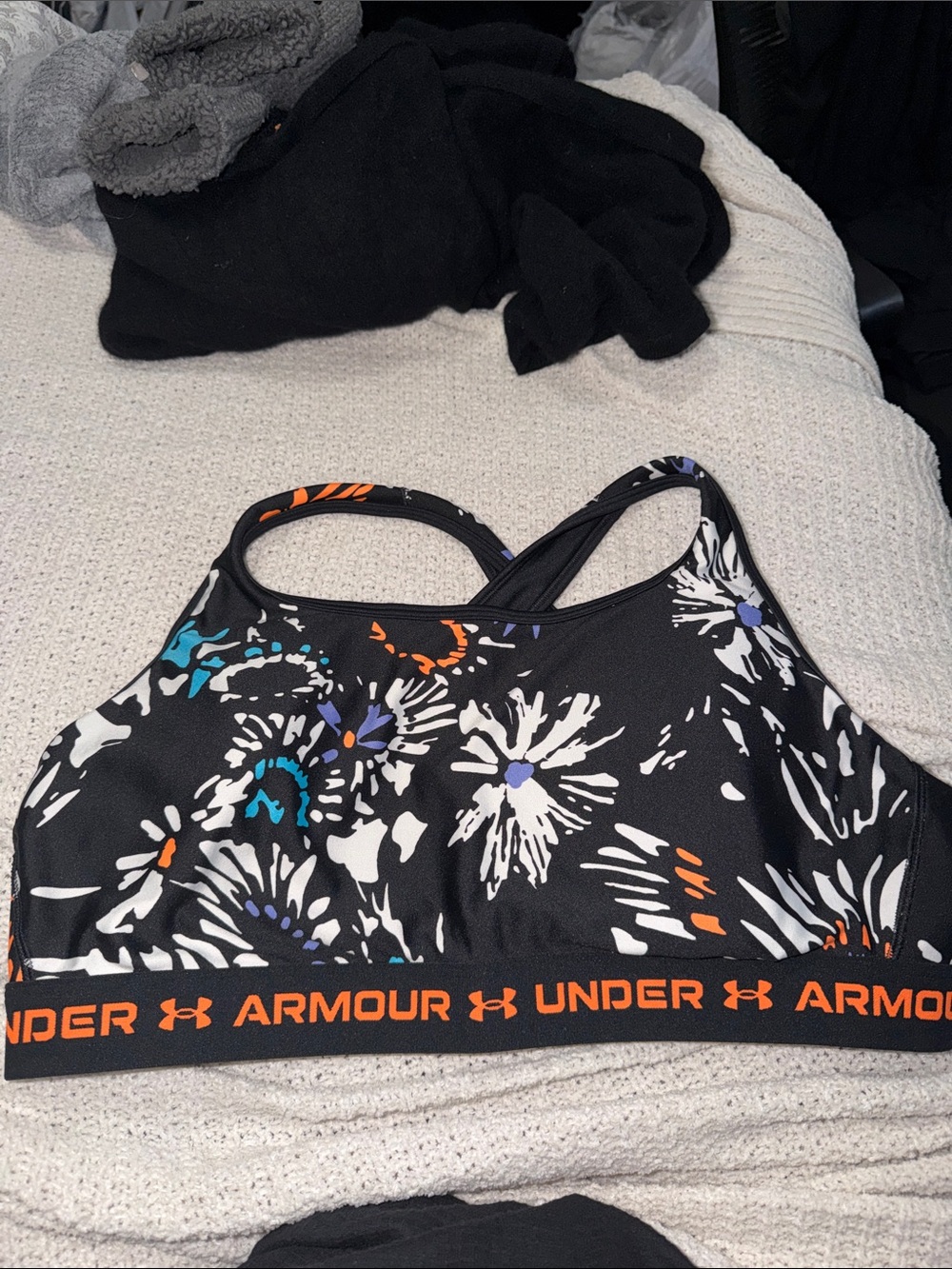 Under Armour Black Floral Sports Bra with Orange Logo Band